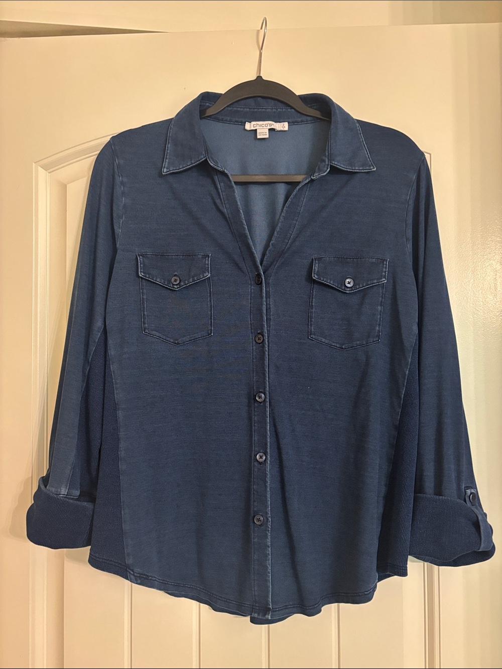 Chico's Denim-Blue Button Front 3/4 sleeves Shirt